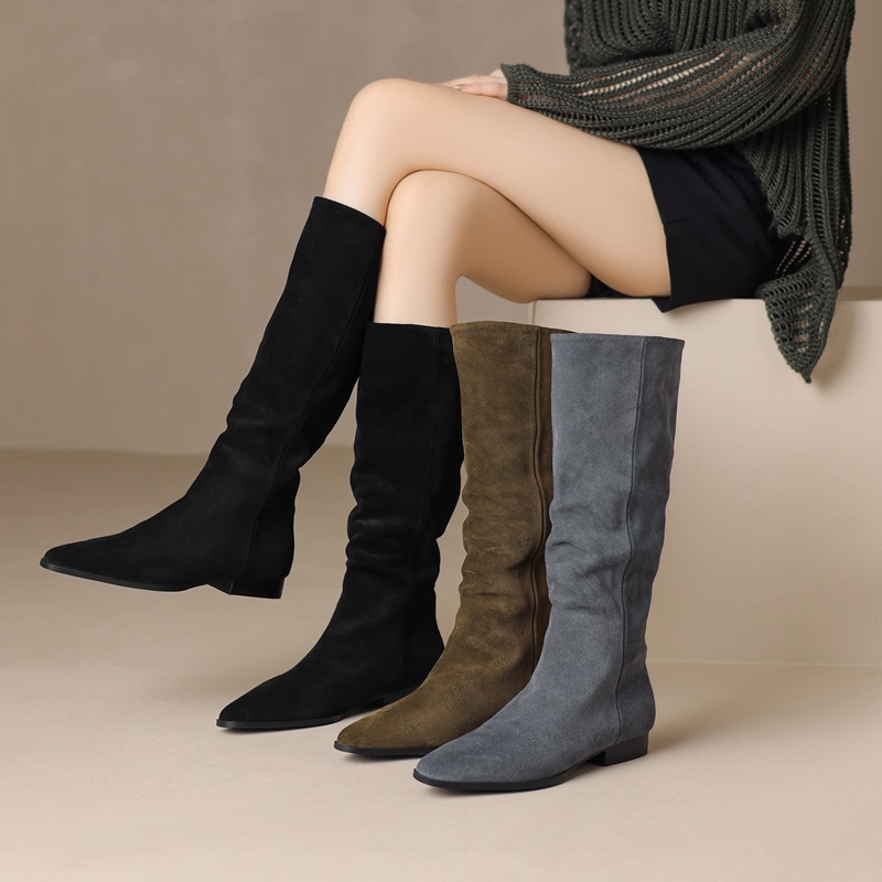 European and American Low-Heeled Round-Toe Riding Boots for Women, Suede Cowhide Over-The-Knee Long Boots, Genuine Leather Long Boots, Trendy Women's Boots