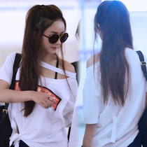 Zhao Liying same style heart t-shirt womens summer short-sleeved niche loose thin design sense irregular off-the-shoulder top