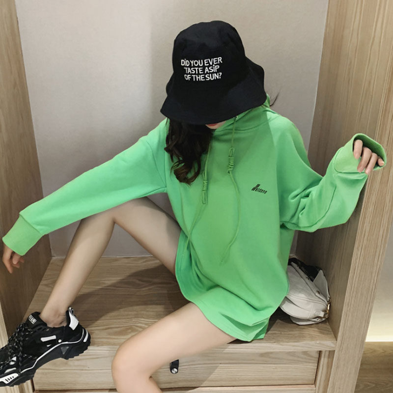 European goods new avocado green sweater women's 2020 autumn and winter Korean version loose net red mid-length version long-sleeved hooded top