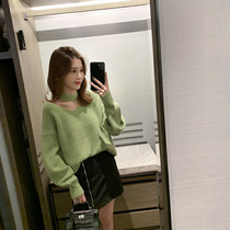 Knitted sweater woman 2020 Early autumn Korean version hanging neck Long sleeves loose and lazy outside wearing sweetness design feeling blouses