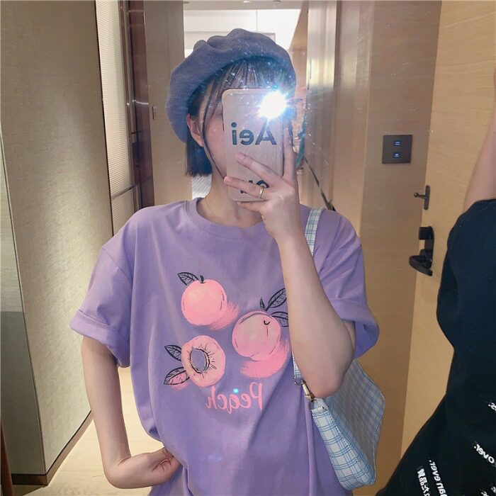 Summer 2020 new very fairy Fruits Printed Design Sense Short Sleeves Women Loose small crowdsourced Taro Violet blouses