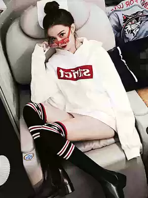 Early autumn Net red same hooded sweatshirt women's loose medium and long version plus velvet bf wind students autumn and winter Joker coat tide