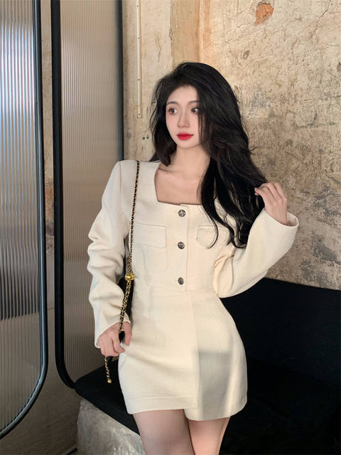 Xiaoxiangfeng square collar short high-end long-sleeved jacket + high-waisted skirt for women autumn 2023 new fashion suit