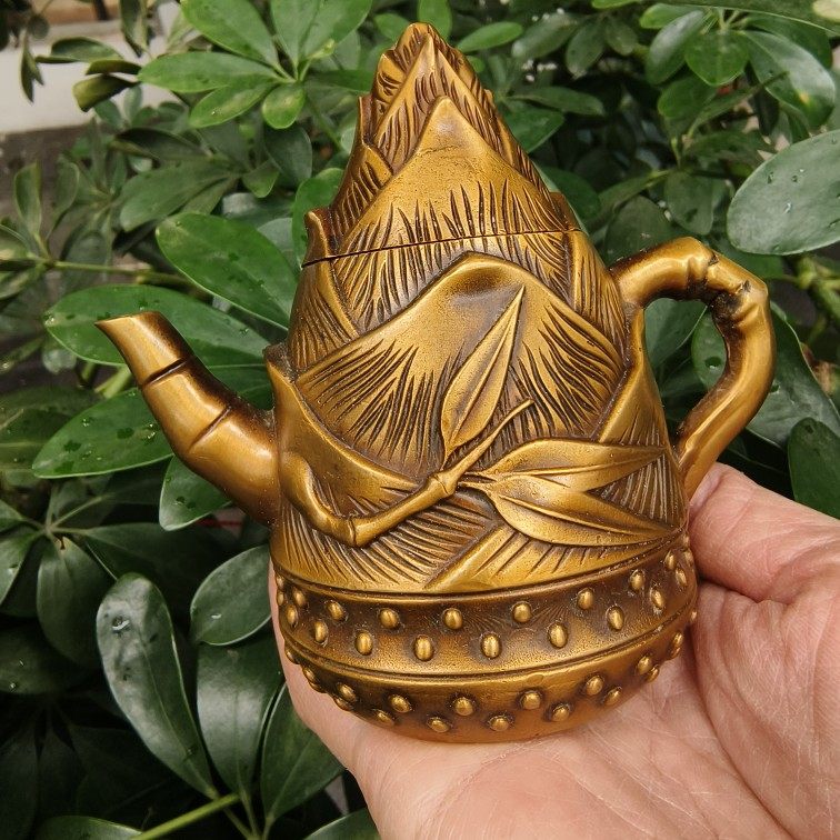 古玩铜器收藏黄铜步步高升竹笋壶茶壶酒壶家居茶道工艺品摆件