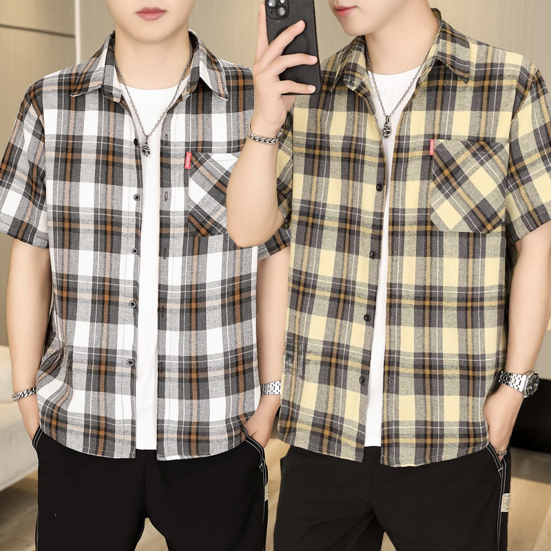Summer Men's Casual Shirt Short-Sleeved Pure Cotton Top Cardigan Lapel Loose Plaid Brushed Cotton Shirt Thin Jacket