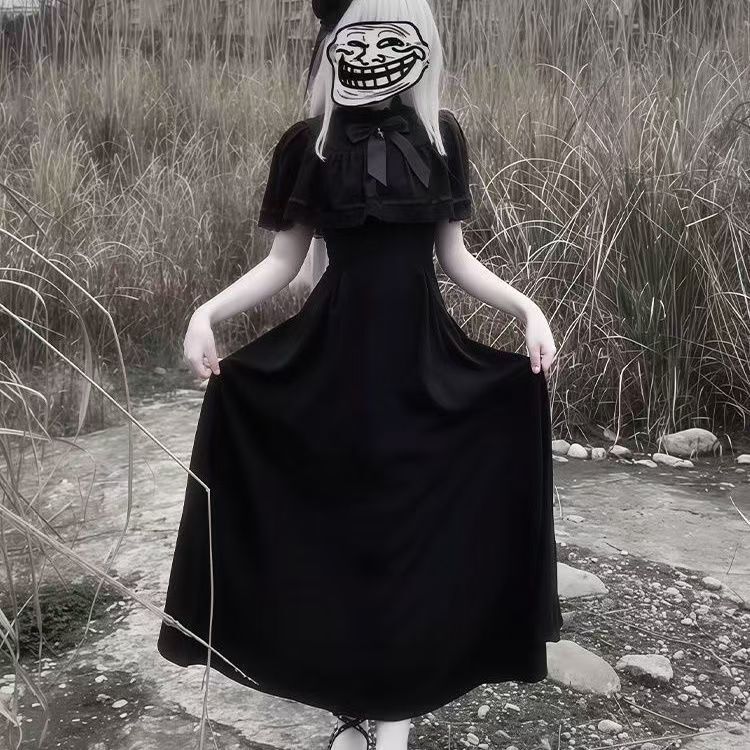 【Black Moon Grim Scythe】Japanese-Style Lace Dress 2025 New Gothic Retro Black Cape Mid-Length Dress for Women
