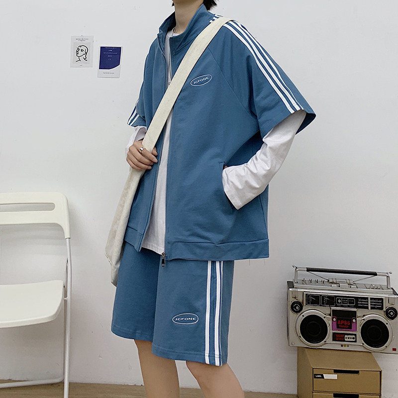 2020.夏季运动休闲三杠潮宽松男女短袖短裤套装 -P50