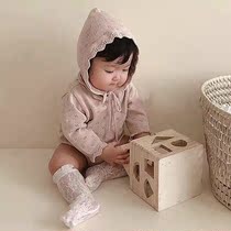 Spring Autumn Baby One-piece Clothes Pure Cotton Princess Khae Woman Baby Knit Mesh Red Triangle Bag Fart Two Sets Of Climbing Clothes