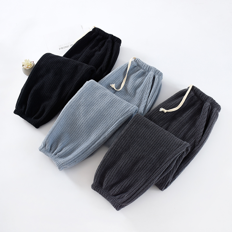 Thickened Men's Winter Flannel Home Pants with Fleece Lining, Warm Cuffed Jogger Sleep Pants, Ribbed Coral Fleece Home Long Pants