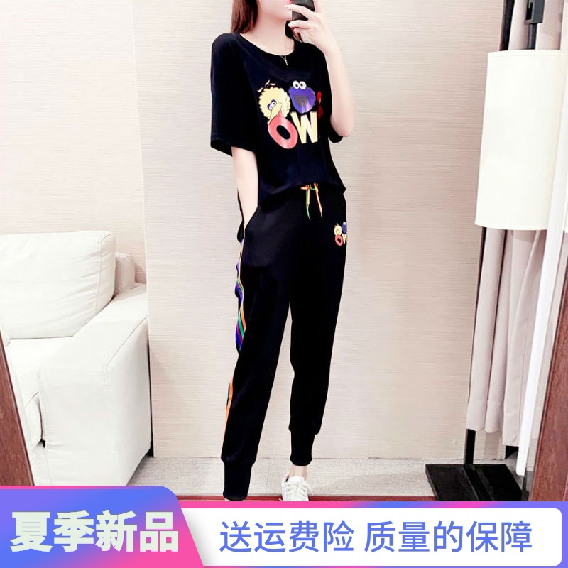 Summer shuffle dance clothing sports casual suit women's European fashion brand fashion breathable thin cotton two-piece suit