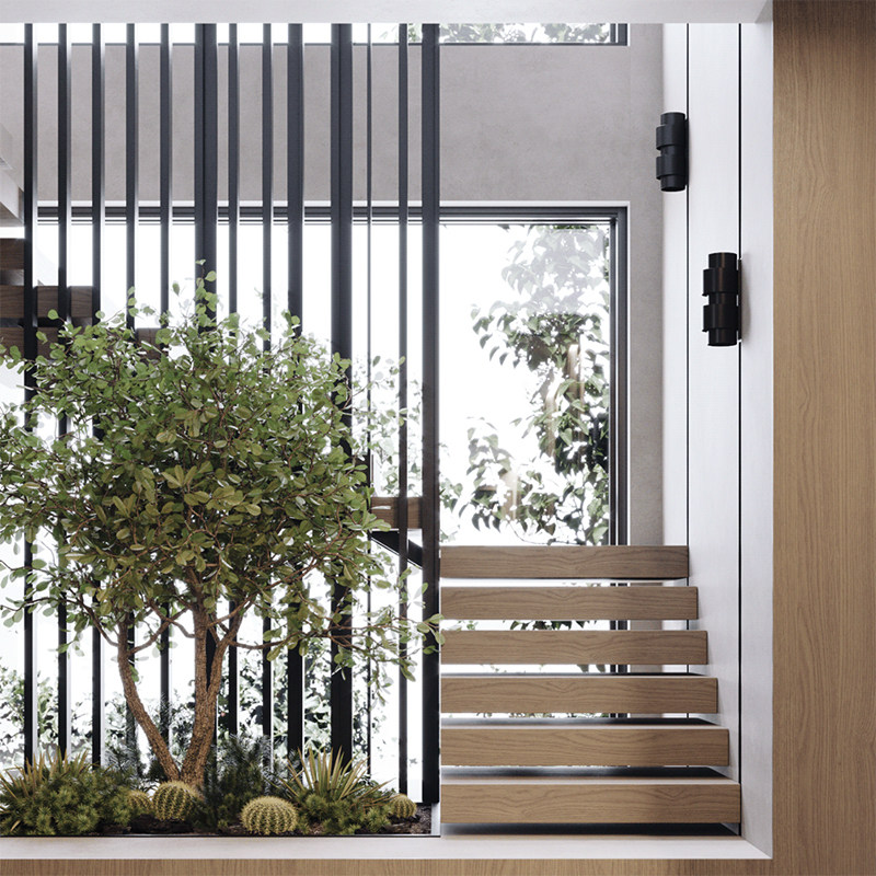 Simulation green plant decoration design and match hotel stairs under construction with light extravagant and luxuriant tree banyan tree soft-mounted landing plant