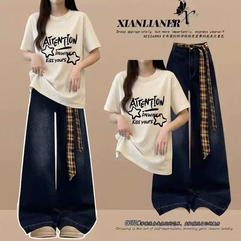 Korean Style Short-Sleeved T-Shirt and Jeans Set for Middle and High School Students, Women's Summer Fashion Loose Casual Wear Two-Piece Set Korean Style Short-Sleeved T-Shirt and Jeans Set for Middle and High School Students, Women's Summer Fashion Loose Casual Wear Two-Piece Set