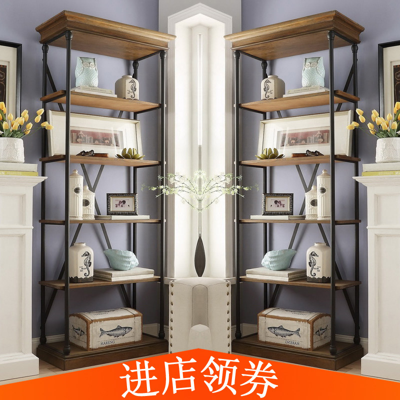 American Iron Art Shelf Living Room Solid Wood Containing Bookcase Balcony Industrial Wind Loft Multilayer Retro Bookshelf Floor Landing