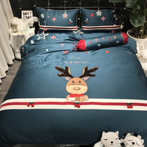 Cartoon Christmas Deer 60 cotton tribute satin four-piece set cute princess embroidery stitching cotton bedding