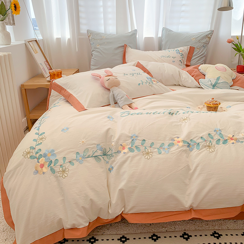Small fresh cotton yarn-dyed washed cotton four-piece set pastoral small flower embroidery quilt cover soft breathable bedding