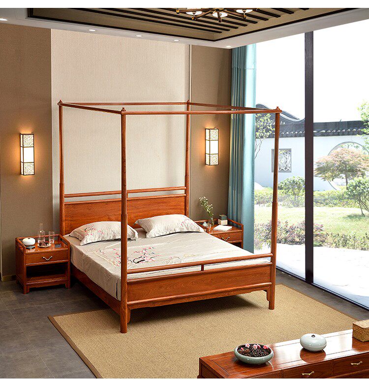 New Chinese Solid Wood Shelving Bed Old Elm Wood Plus-size Bed Modern Minimalist Log Double Man Bed Folk Antique four-column bed-Taobao