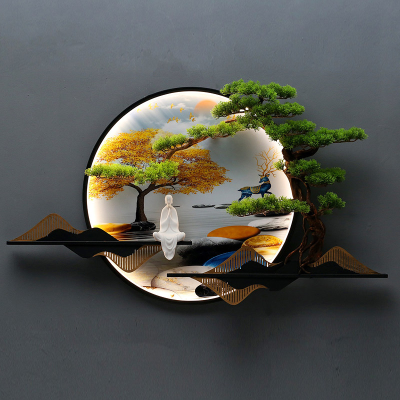 New Chinese style Chinese style round wall pendant Living room entrance tea room background wall decoration Welcome pine with light hanging painting
