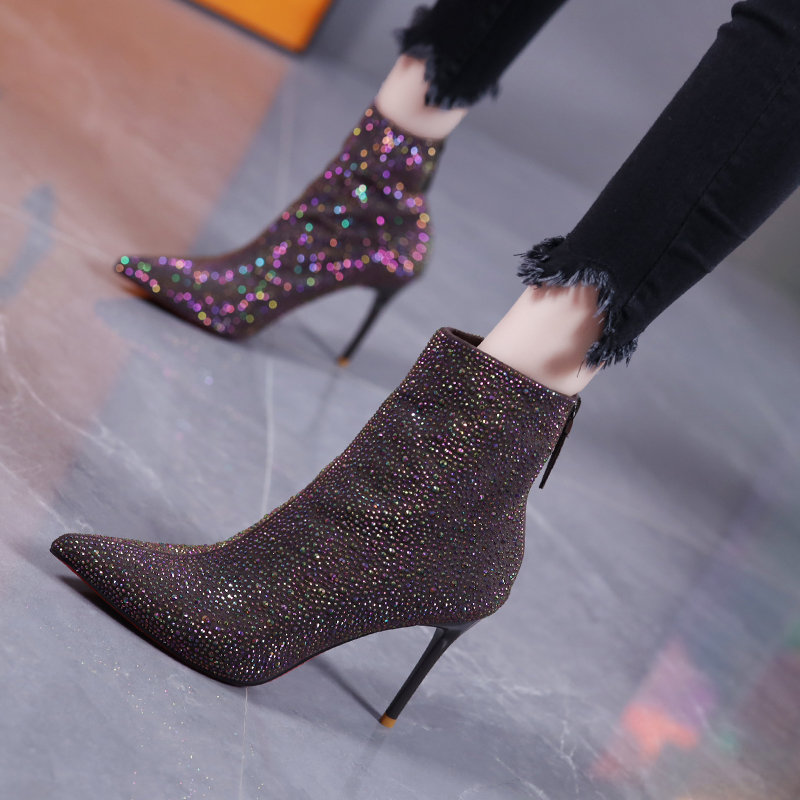 2023 autumn and winter European and American pointed sexy scalding with thin and thin boots temperament banquets fashion full drill heels with short boots-Taobao