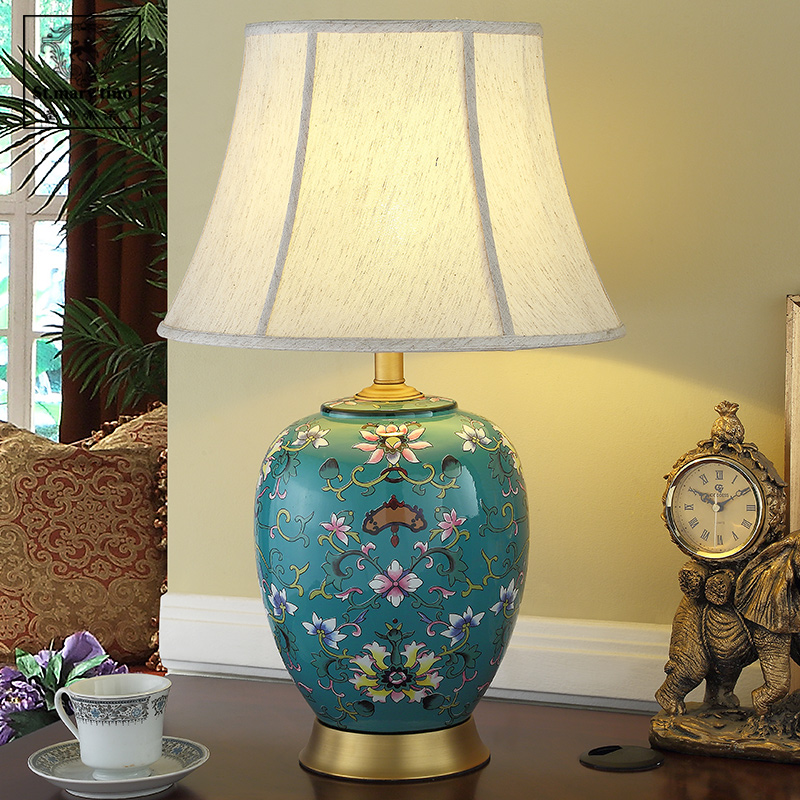 All copper new Chinese style enamel lamp living room bedroom bedside lamp classical warm luxury American ceramic table lamp