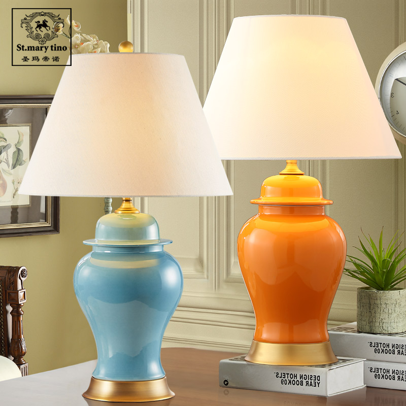 Minimalist American ceramic table light bedroom bedside headlights cozy Nordic Living room Book room Orange yellow Blue Green New Chinese table lamp