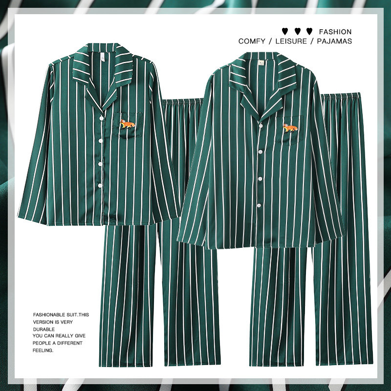 Couples Pyjamas Women's Spring Autumn Ice Silk Home Conserved Summer Men Long Sleeves Emulation Silk Ink Green Suit Increase Code