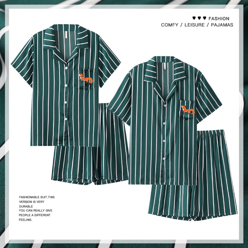 Couple Pajamas for Women, Summer Ice Silk Short-Sleeved Shorts, Home Wear for Men, Simulated Silk Dark Green Plus Size Set Couple Pajamas for Women, Summer Ice Silk Short-Sleeved Shorts, Home Wear for Men, Simulated Silk Dark Green Plus Size Set