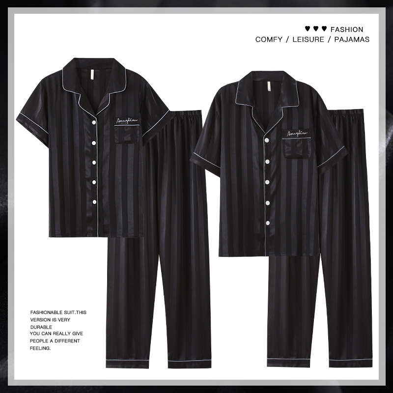 2021 couple pajamas women's summer ice silk short-sleeved trousers thin home clothes men's black imitation silk suit