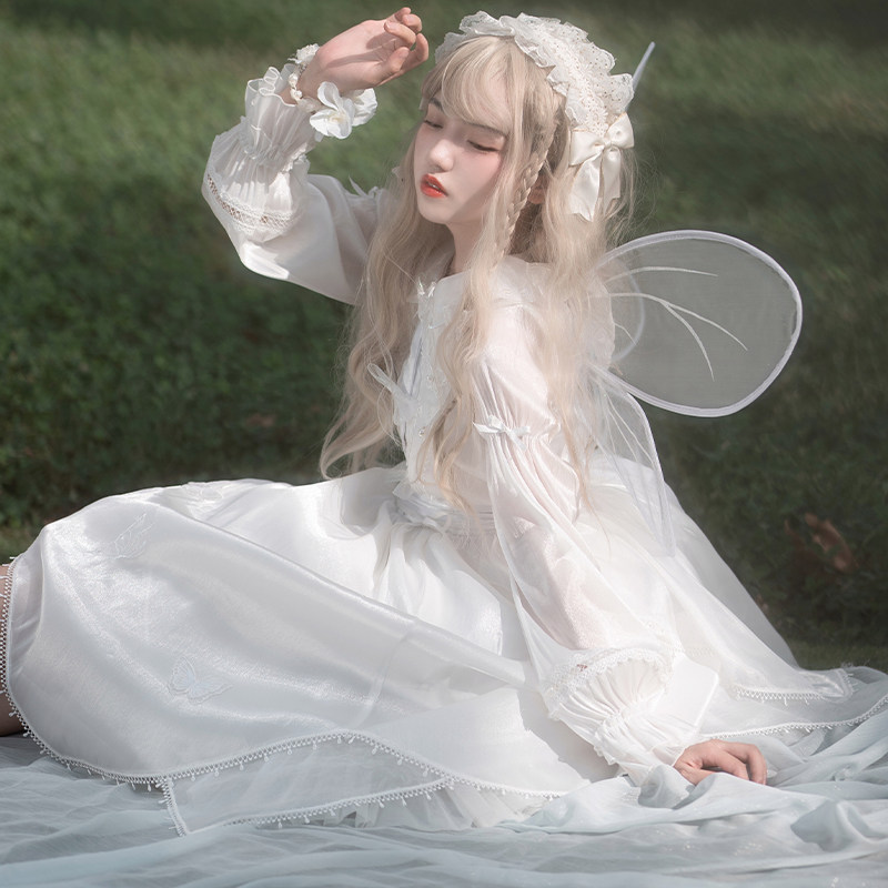 (daydream op) withpuji original design flow light yarn stereo butterfly loo long sleeve foreign dress spring and summer
