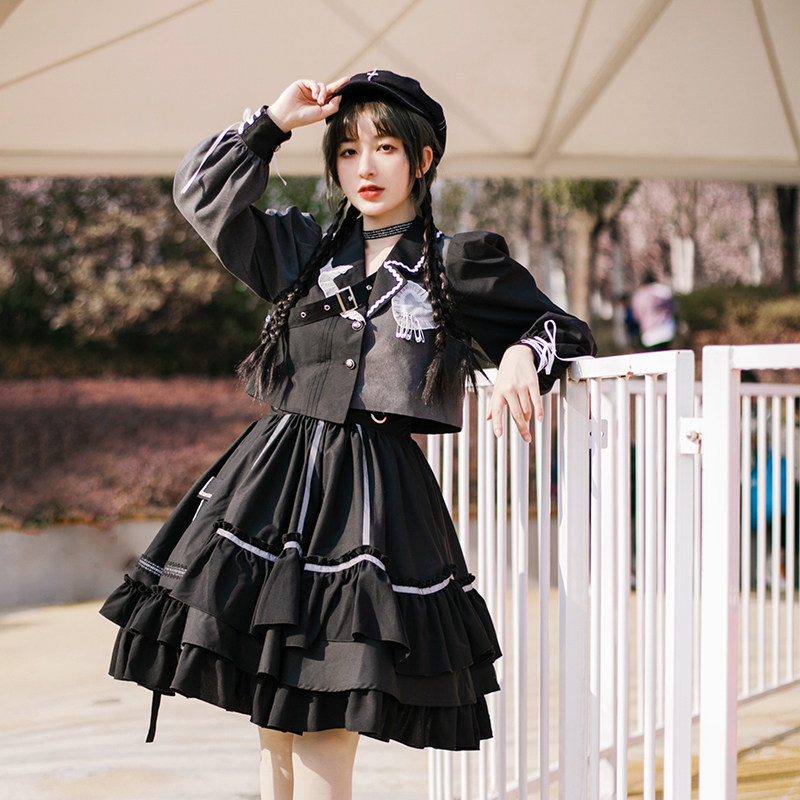 (BAD J-Night Sleep) Withpuji Original Design Dark Black Wind Glistening Bar Sk Suit Lo Skirt Spring Summer