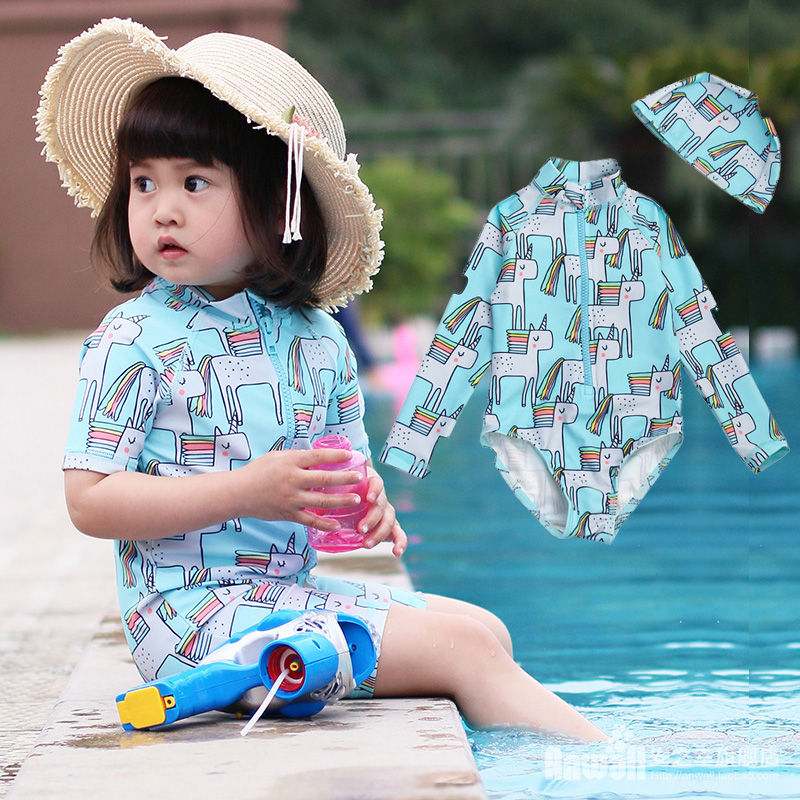 Children's Swimsuit Girls Jumpsuit Cute Unicorn Swimsuit Long sleeve sunscreen Baby girl Quick-drying boys swimsuit