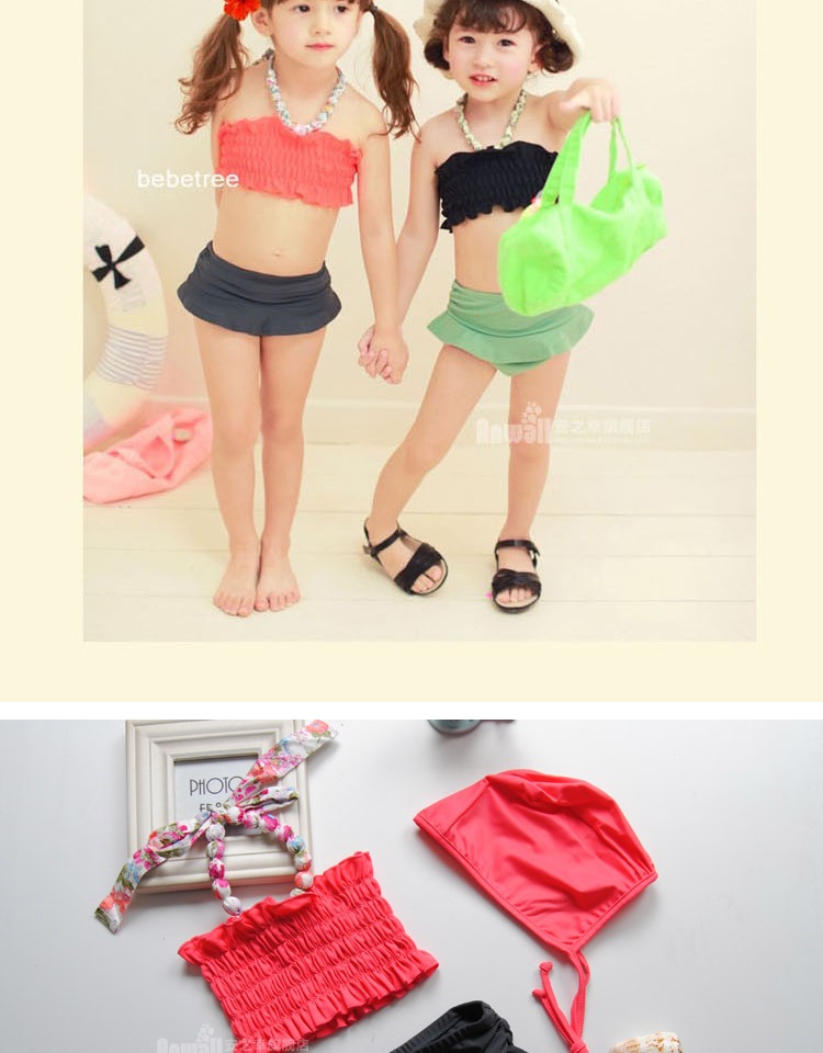 Bộ bikini cho trẻ em Hàn Quốc Công chúa Little Loli Tương phản Chia đồ bơi Cô gái Đồ bơi với Khu nghỉ dưỡng Bơi Cap Beach đồ bơi con nít