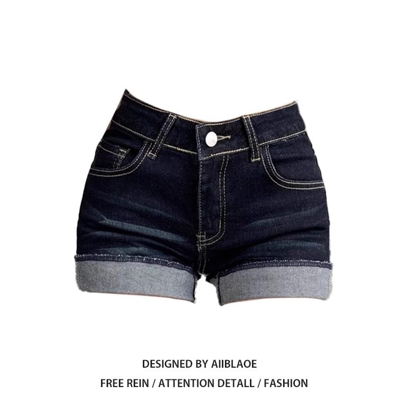 アメリカンスタイルのロールアップセクシーデニムショートパンツ（女性用）、夏のホットガールスタイル、ローウエスト、スリムに見せる、ブルーグレーのストレッチストレートレッグタイトホットパンツ