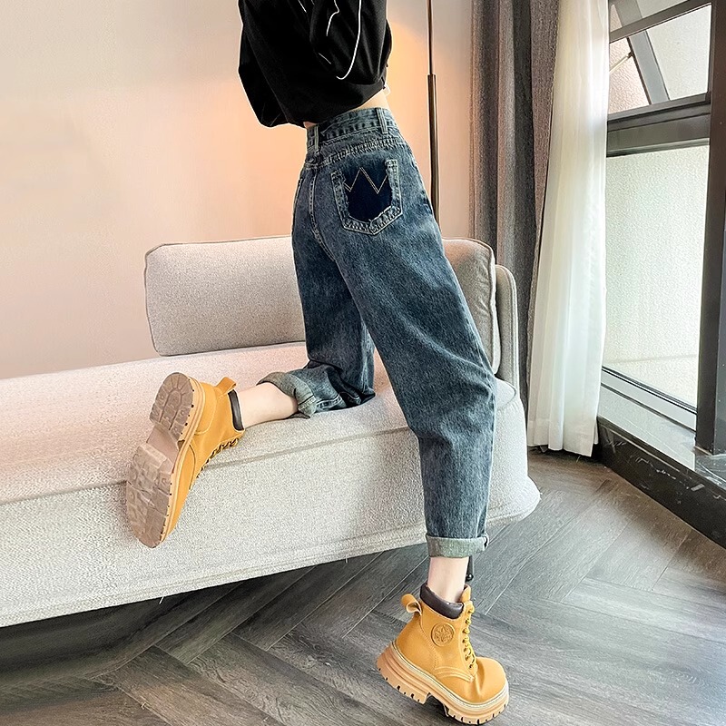 Vintage Blue Harem Cuffed Jeans for Women, New High-Waisted Loose Fit for Pear-Shaped Body, Carrot-Style Dad Pants