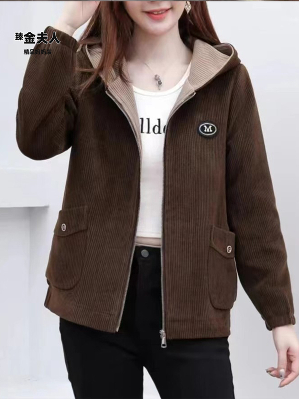 Middle-Aged Women's Autumn and Winter Hooded Corduroy Jacket, Casual Mom's Wear, Corduroy Baseball Jacket with Fleece, New Model This Year