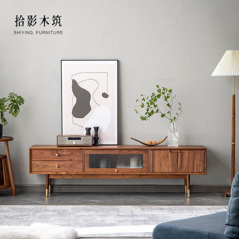 ten Shadi Wood Construction Nordic Solid Wood TV Cabinet North American Black Walnut Wood Log Day Style Brief small living room TV cabinet
