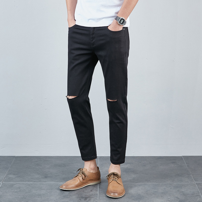 Tide card Spring Summer new men's elastic 90% jeans Korean version with a broken hole and a small foot beggar casual pants