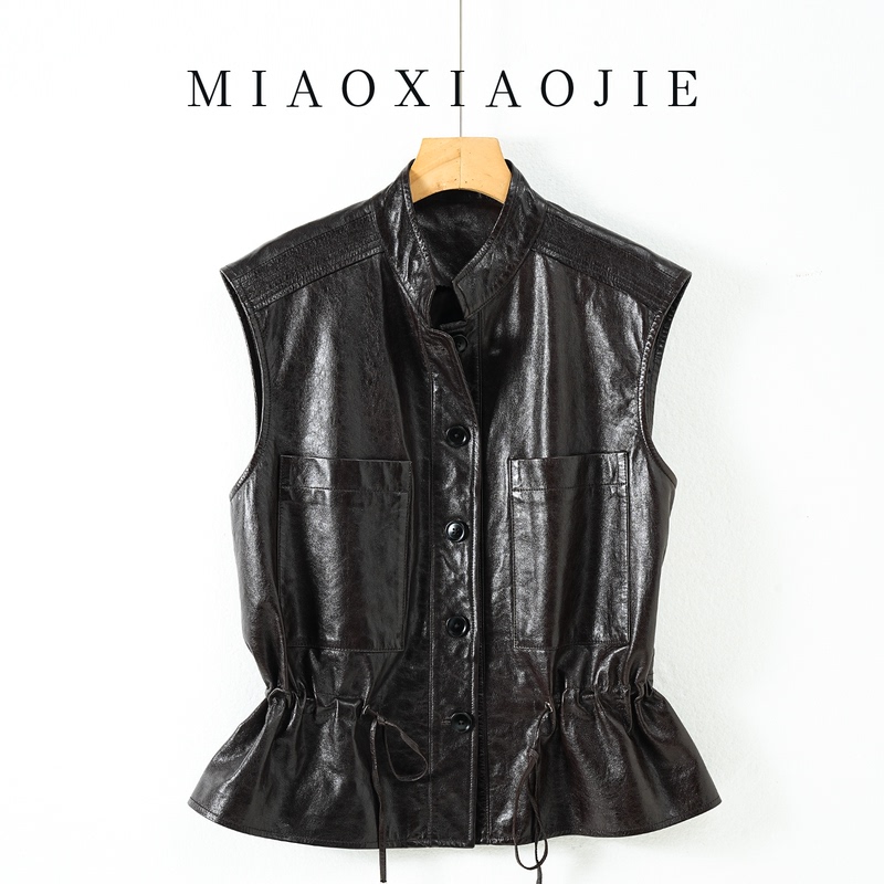 2026 Autumn/Winter New Sheepskin Oil Wax Stand Collar Genuine Leather Vest for Women, Waist-Cinching Workwear Sleeveless Outerwear Leather Vest 2026 Autumn/Winter New Sheepskin Oil Wax Stand Collar Genuine Leather Vest for Women, Waist-Cinching Workwear Sleeveless Outerwear Leather Vest