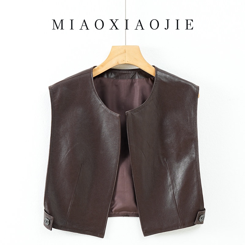 High-End Vegetable-Tanned Sheepskin Genuine Leather Vest for Women, Short Leather Waistcoat for Petite Figures, 2026 Spring and Autumn New Style High-End Vegetable-Tanned Sheepskin Genuine Leather Vest for Women, Short Leather Waistcoat for Petite Figures, 2026 Spring and Autumn New Style