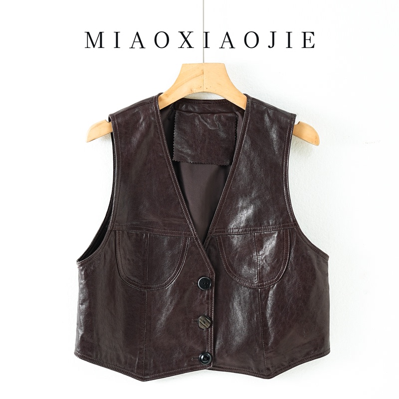 Haining Genuine Leather Vest for Women 2026 Autumn Oil Wax Sheepskin Short V-Neck Vintage Coffee Color Sleeveless Leather Vest Haining Genuine Leather Vest for Women 2026 Autumn Oil Wax Sheepskin Short V-Neck Vintage Coffee Color Sleeveless Leather Vest