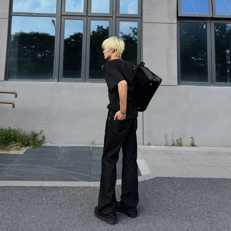 Li Chilou American-Style Street Loose Straight-Leg Wide-Leg Black Flared Raw Denim Extended Jeans Spring New Model