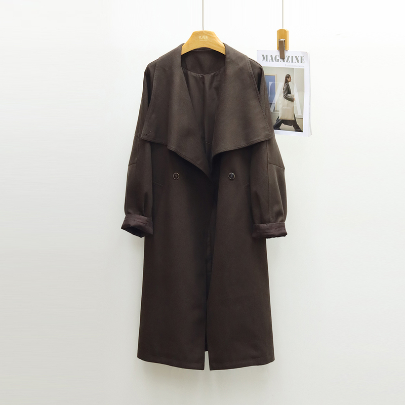 Large Lapel Retro Coffee-Colored Trench Coat for Women, Autumn 2026 New Style, High-End Lyocell Lace-Up Waist-Cinching Long Coat