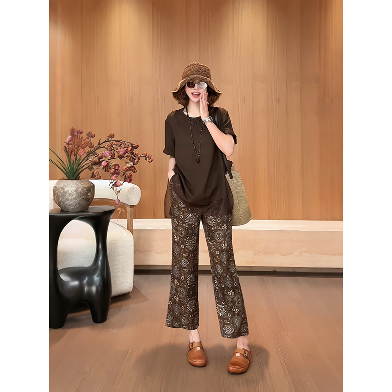 Yueyue Doesn'T Eat Fish【Zongbai Yao】Summer Color-Blocking Print Design Fashionable Versatile Flared Casual Pants D3986 Yueyue Doesn'T Eat Fish【Zongbai Yao】Summer Color-Blocking Print Design Fashionable Versatile Flared Casual Pants D3986