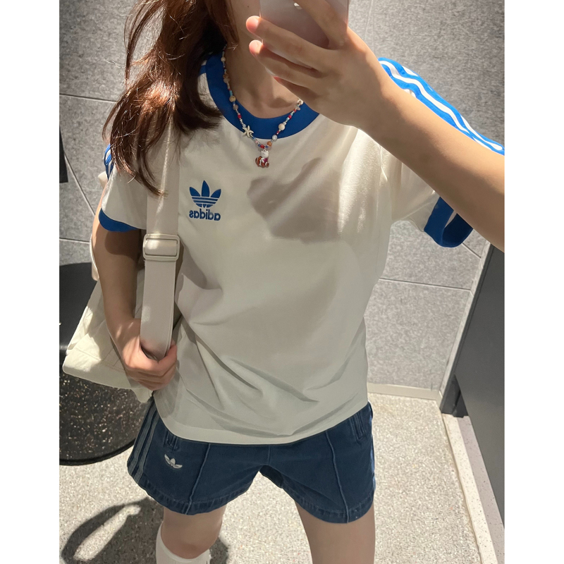 Summer Adidas T-Shirt for Women, Loose Fit, Three Stripes, Color-Blocking, Couple's Round Neck Sports Top, Short Sleeve for Men