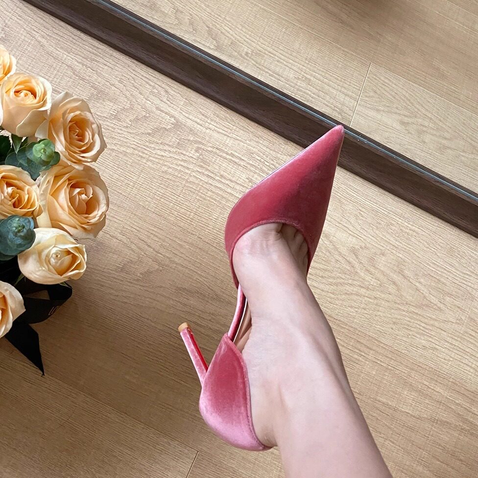 DUOR Women's Autumn/Winter New Style Velvet Stiletto Pointed Toe High Heels with Red Sole and Open Sides - Professional Work Shoes
