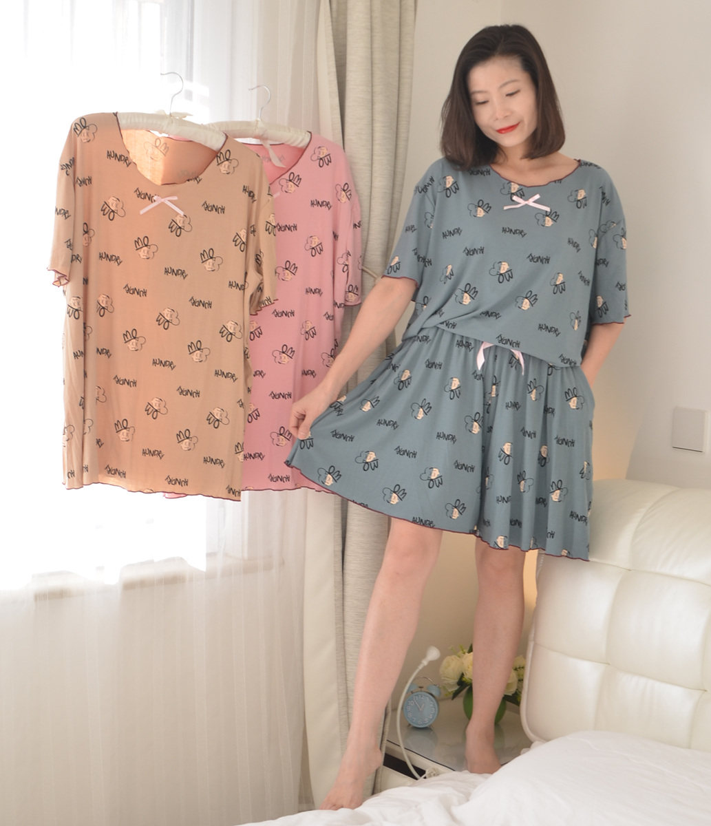200 catties plus fat size cartoon modal pajamas women's summer short-sleeved shorts loose fat MM Korean version of home clothes