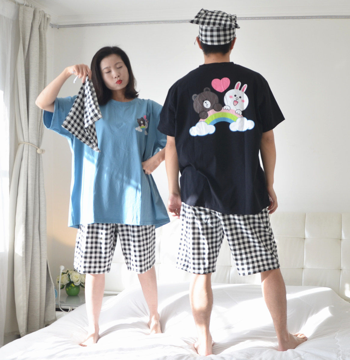 200 catties large size couple pajamas women's summer short-sleeved shorts pure cotton plus fat MM loose men's homewear suit