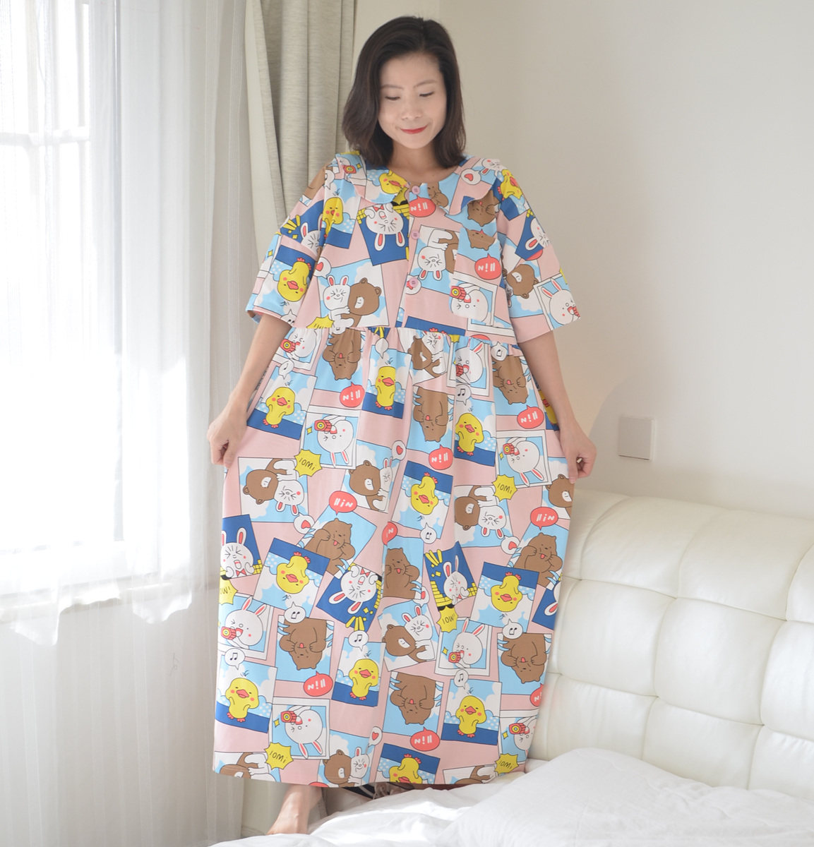 Han Edition Plus Fertilizer Lengthened Pure Cotton Sleeping Skirt Woman Summer Short Sleeve Fat MM Maternal Cartoon Home Pyjamas 200 catty