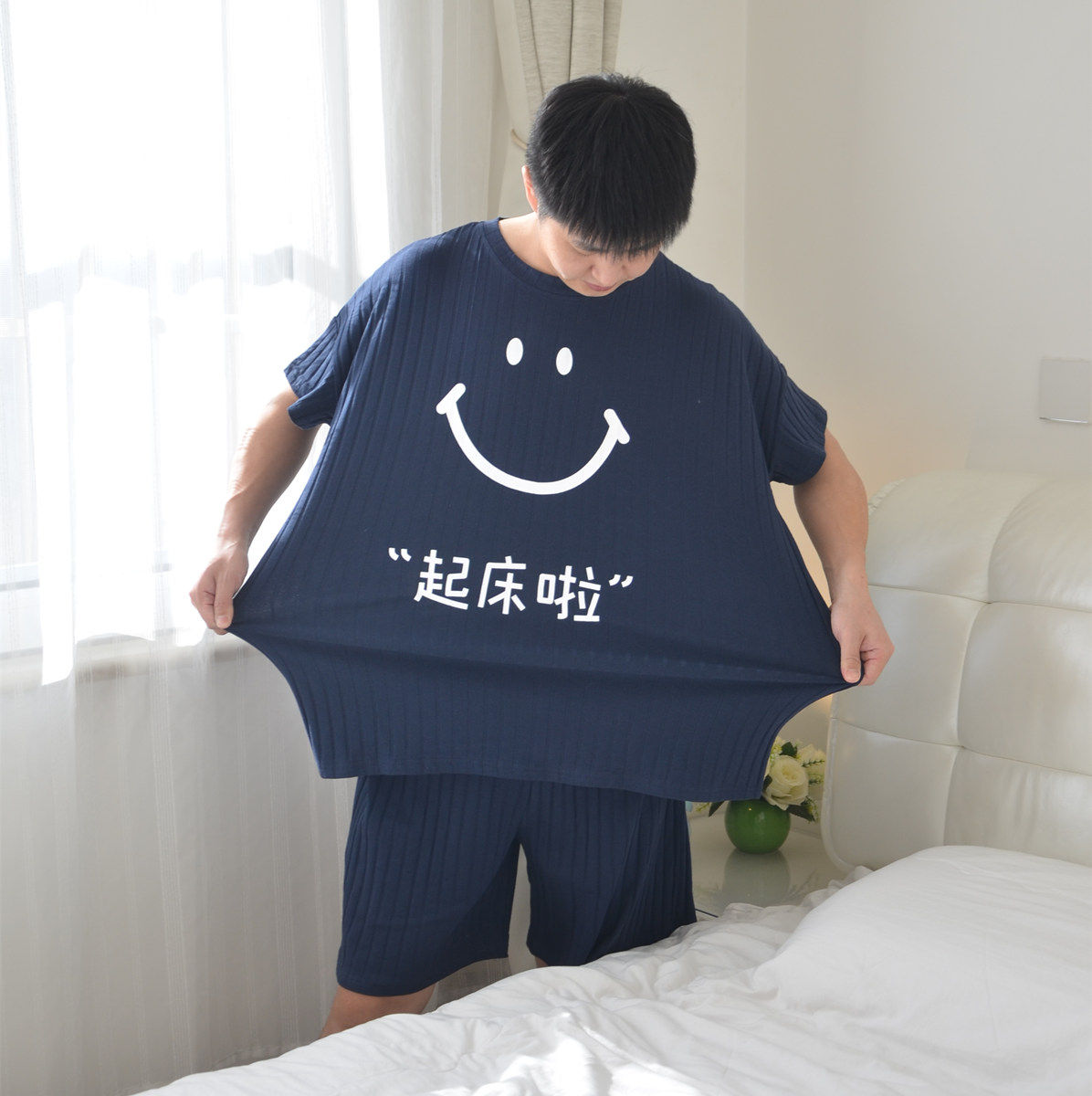 Get up and lovers big size pyjamas Summer pure cotton Korean version loose short sleeve shorts for men's home 200 catties