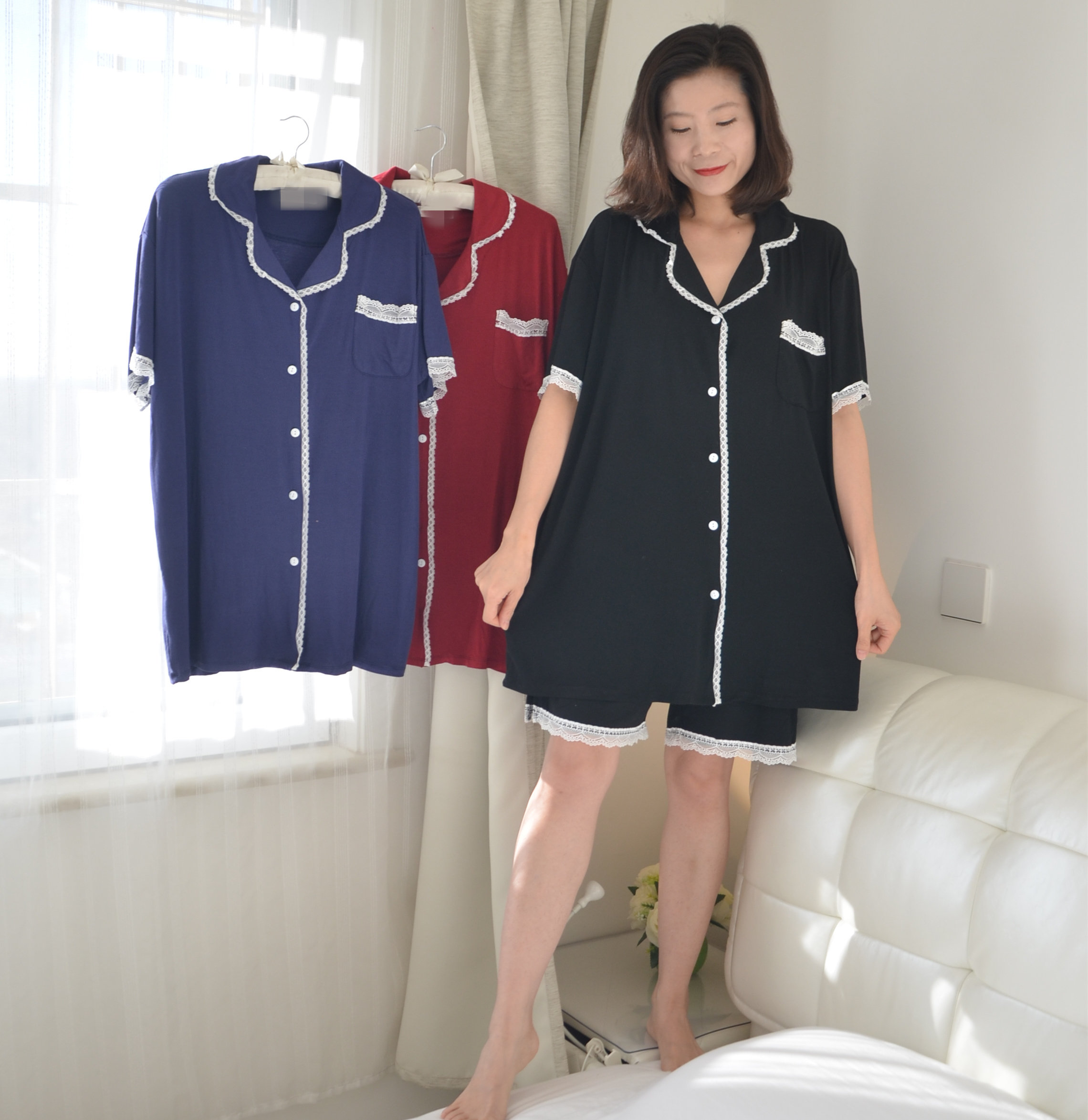 200 catty with hypertrophy size short sleeve shorts Modale cardiovert sleepwear woman summer thin and fat sister lace home dress
