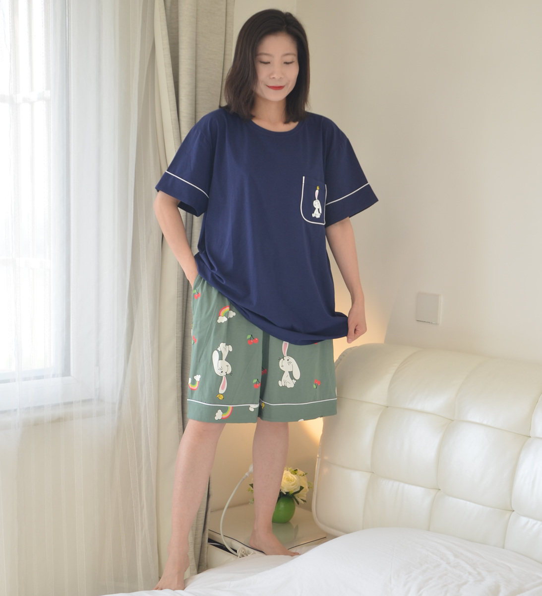 Clear Cabin Cartoon Rabbit Pyjamas Woman Summer Short Sleeve Shorts Pure Cotton Gats Plus Size Fat MM Home Conserved 200 Catty